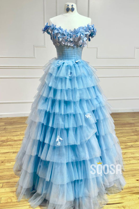 Tulle A-Line Off-Shoulder Tiered Appliques With Side Slit Party Prom Evening Dress QP3274