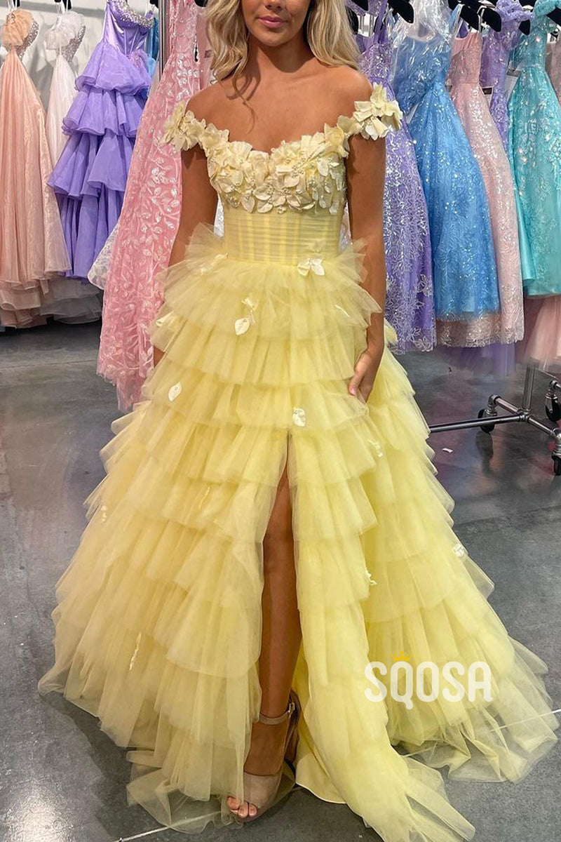 Tulle A-Line Off-Shoulder Tiered Appliques With Side Slit Party Prom Evening Dress QP3274