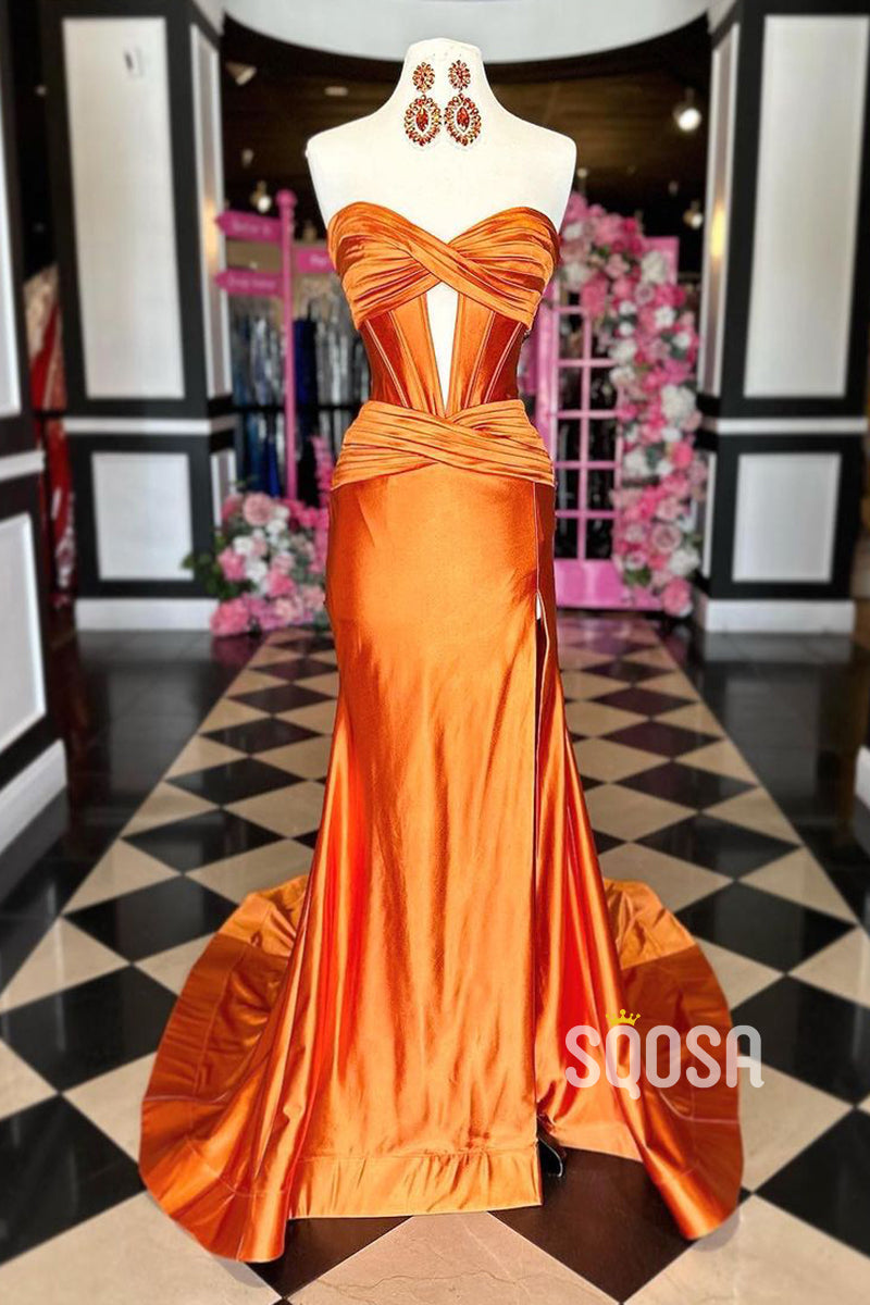 Trumpet Sweetheart Strapless With Side Slit Train Party Prom Evening Dress  QP3275