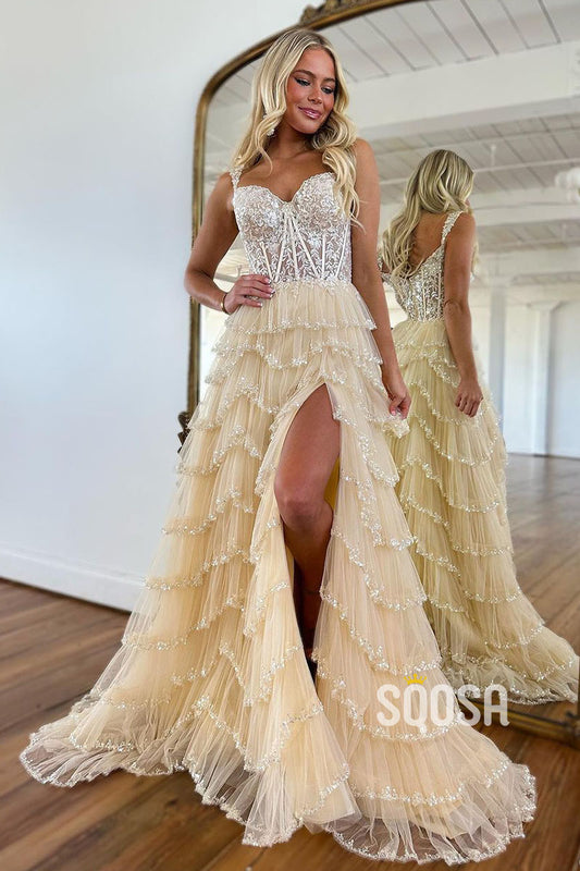 A Line Straps Applique Illusion Sparkly Long Prom Evening Gowns QP3000