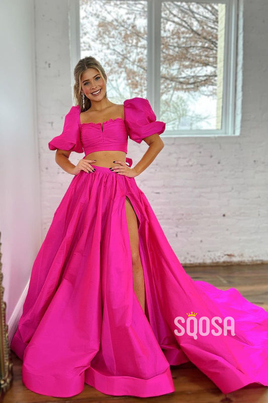 A-Line Square Bowknot Two-Piece Pink Long Prom Dress With Slit Evening Gowns QP0956