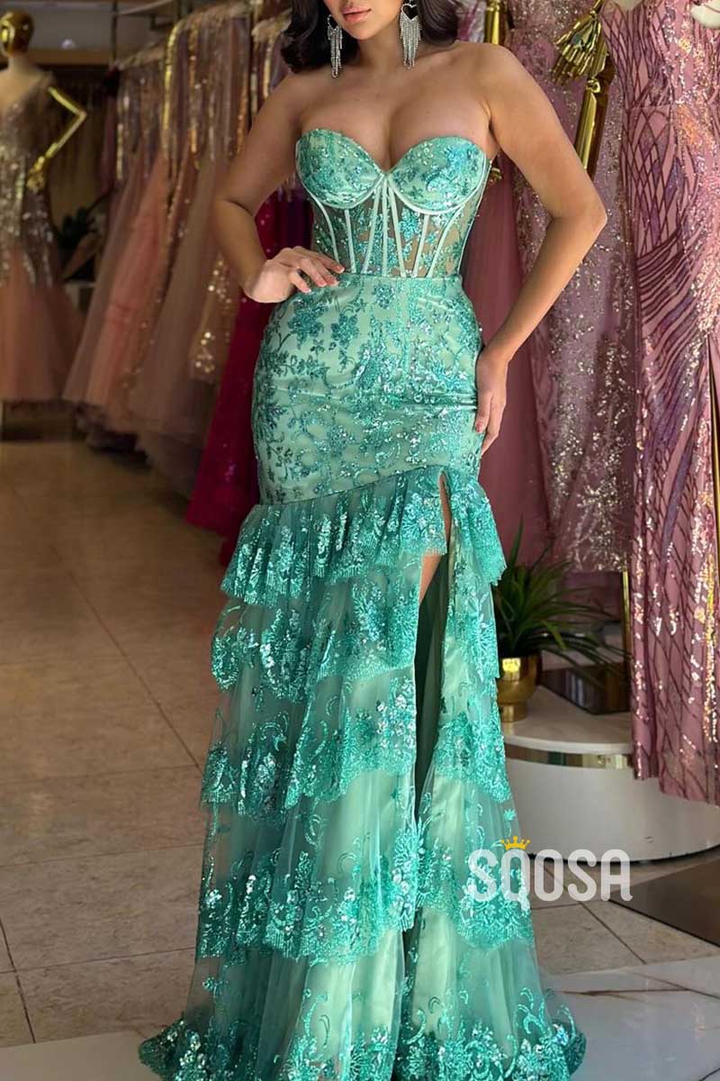 Sexy Sweetheart Strapless Sequined Lace Applique With Side Slit Formal Prom Dress QP3501