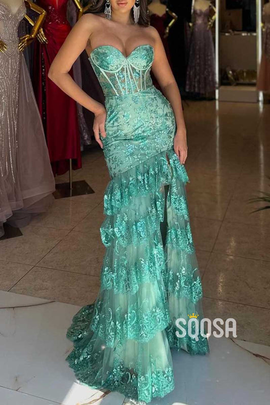 Sexy Sweetheart Strapless Sequined Lace Applique With Side Slit Formal Prom Dress QP3501