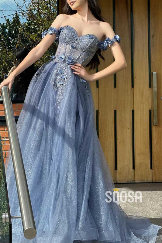 Sweetheart Off-Shoulder Floral Appliqued Glitter Tulle A-Line Formal Prom Dress QP3487
