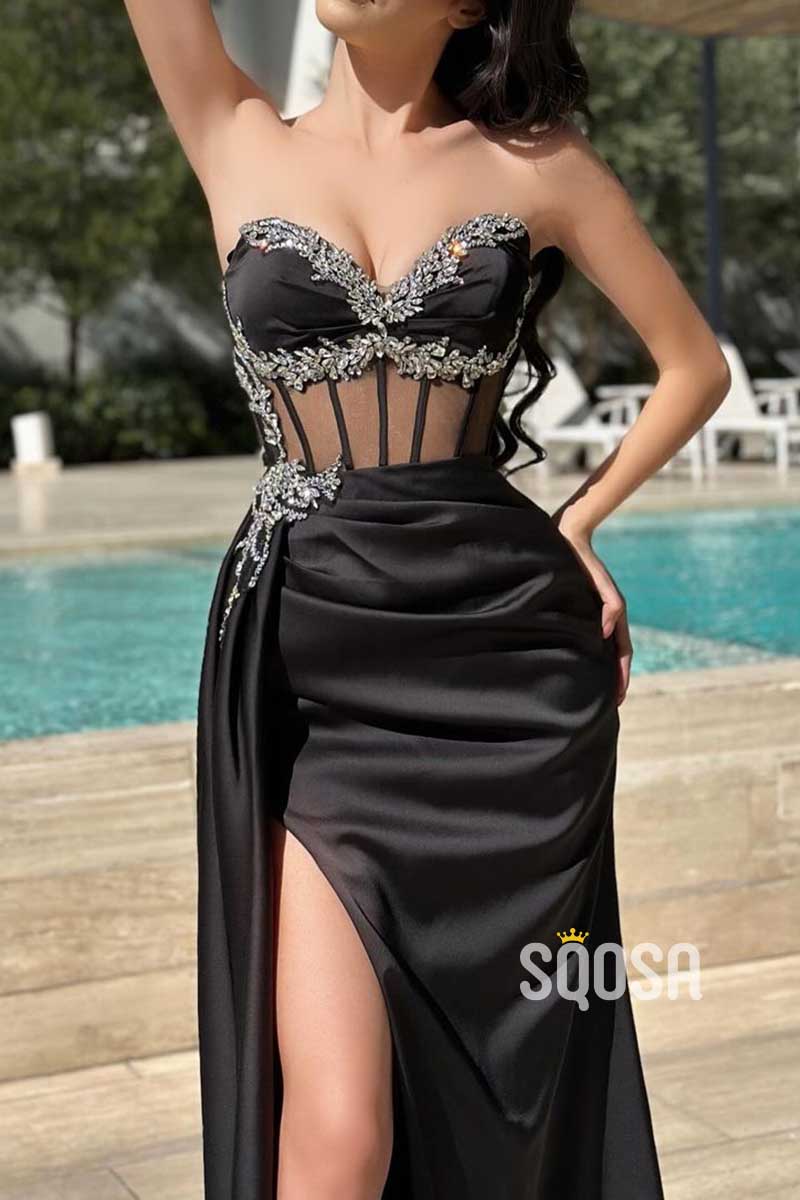 Beaded Sweetheart Illusion Empire With Side Slit Formal Prom Dress QP3484