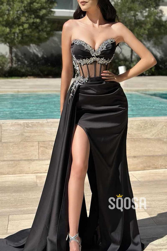 Beaded Sweetheart Illusion Empire With Side Slit Formal Prom Dress QP3484