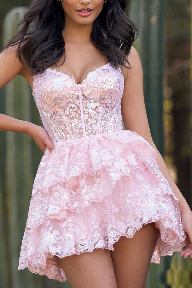 A Line Spaghetti Straps Tidered Pink Cute Homecoming Dress Short QH2084