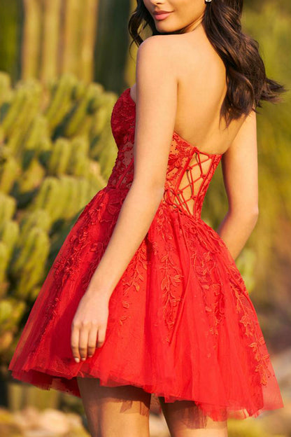 A line Sweetheart Lace Appliques Red Short Homecoming Dress QH2091