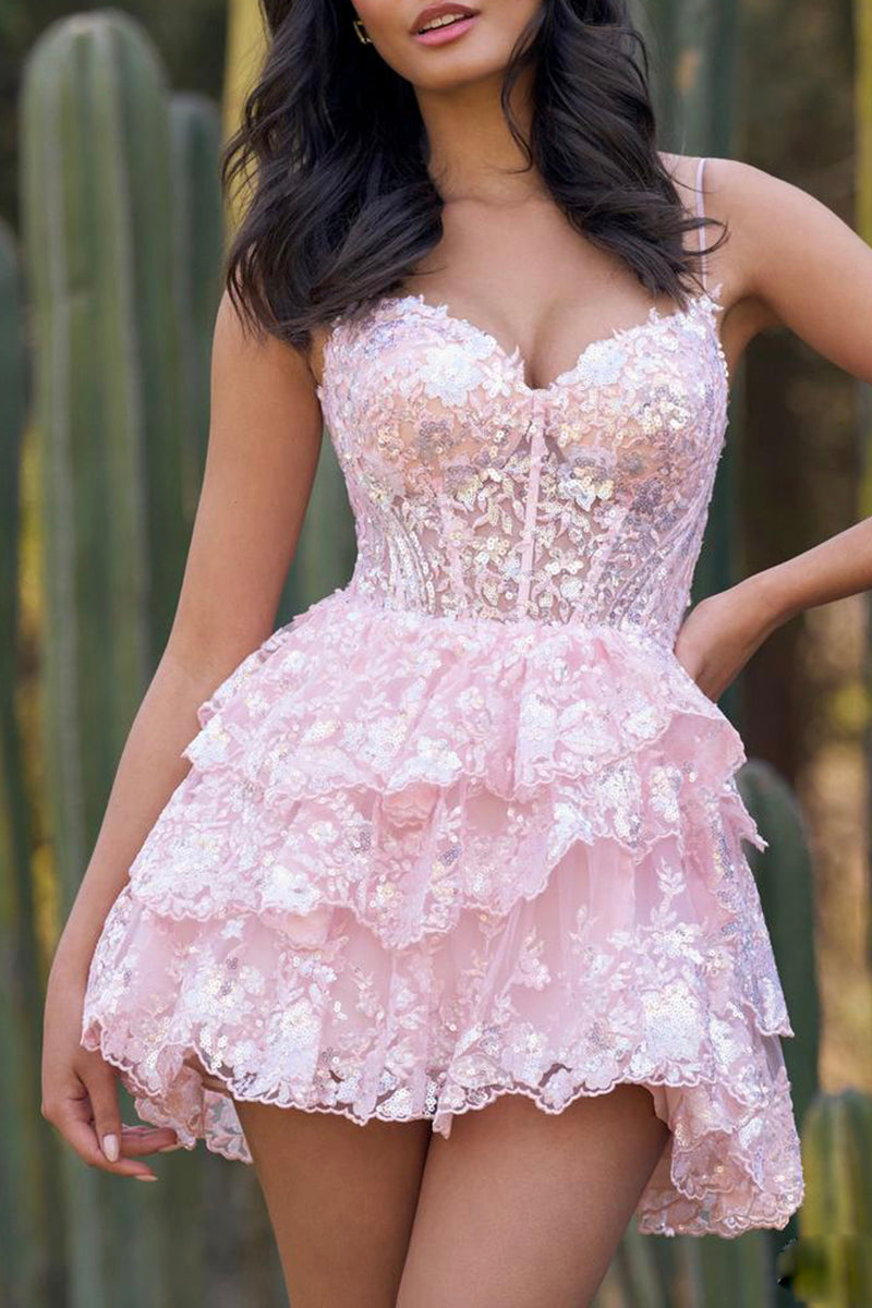 A Line Spaghetti Straps Tidered Pink Cute Homecoming Dress Short QH2084