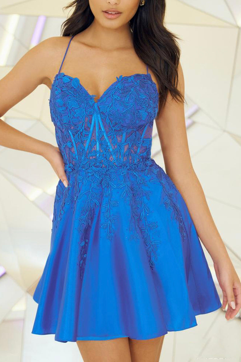 A Line Sweetheart Lace Apliques Bue Short Homecoming Dress QH0825