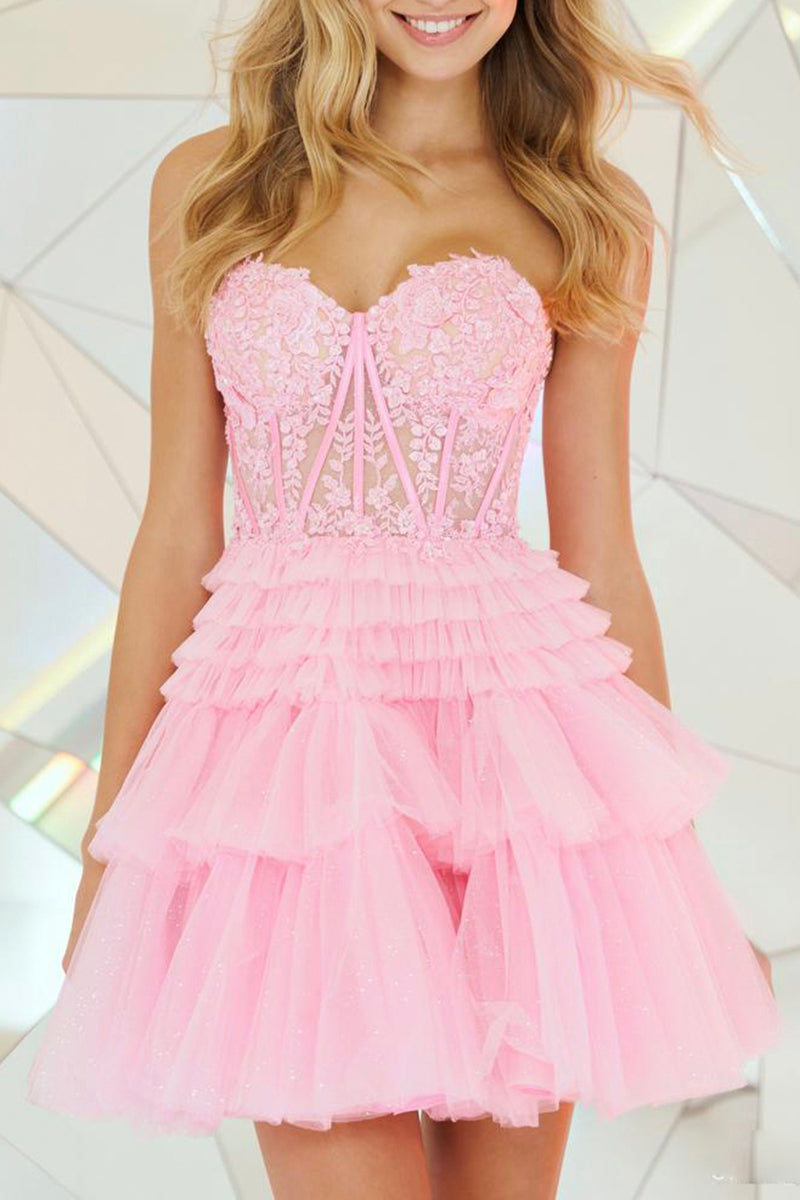 A line Sweetheart Tiered Lace Appliques Pink Short Homecoming Dress QH0863