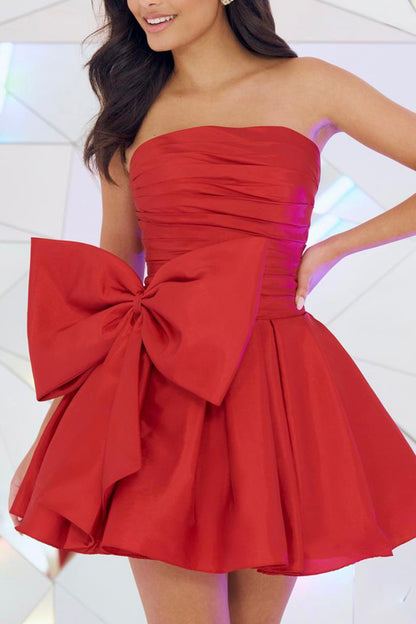A line Strapless Cute Bow Red Short Homecoming Dress QH2095