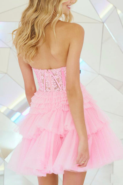 A line Sweetheart Tiered Lace Appliques Pink Short Homecoming Dress QH0863