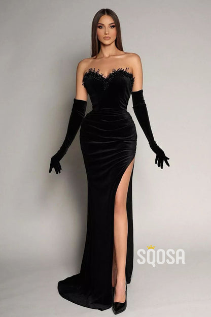 Strapless Beaded Satin Pleats Long Sleeves Prom Dress With Slit Evening Gowns QP3188