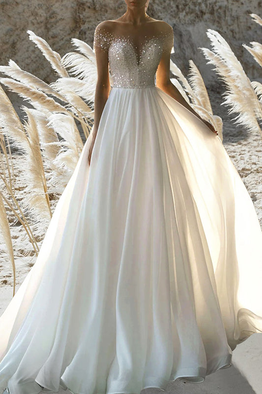 Beach Formal Wedding Dress A line Short Sleeves Beading Summer Bridal Gown QW2387