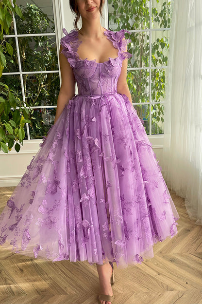 A Line Sweetheart 3D Lace Purple Vintage Prom Dress with Pockets QP2735