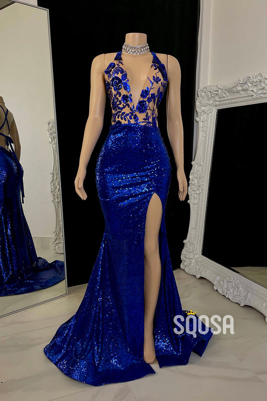 Sexy Low V-Neck Halter Appliques Party Prom Evening Dress For Black Women QP3506