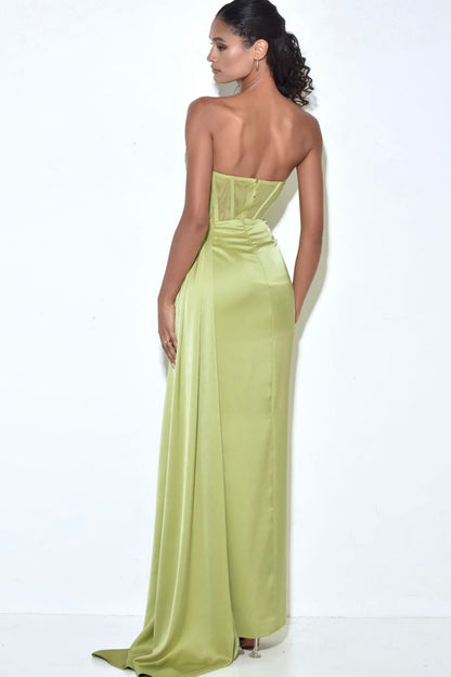 Strapless Satin Pleated Split Long Prom Dress Green Bridesmaid Dress QP2331