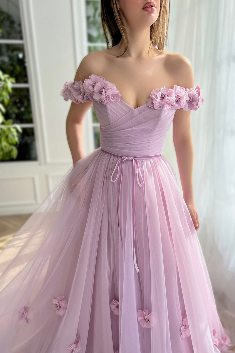 A Line Off the Shoulder 3D Flowers Long Prom Dress with Split QP2743