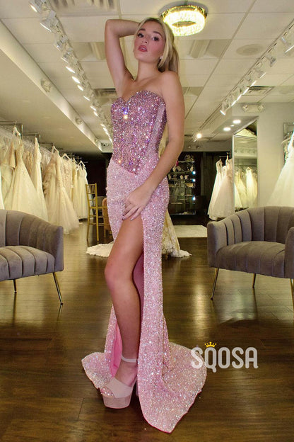 Chic & Modern Strapless Beaded Illusion Pink Prom Dress Evening Gown With Slit QP2555