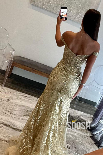 Off-Shoulder Sequin Illusion Gold Long Prom Dress With Slit Evening Gowns QP3185