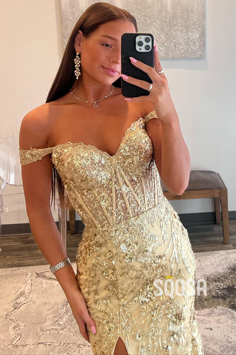 Off-Shoulder Sequin Illusion Gold Long Prom Dress With Slit Evening Gowns QP3185