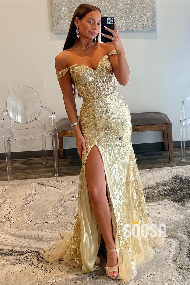 Off-Shoulder Long Sleeve Long Glitter Formal Dress