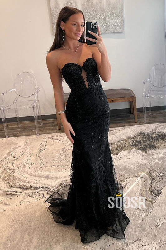 Mermaid Sweetheart Strapless Applique Black Long Prom Dress Evening Gown QP2534