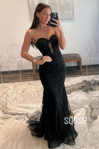 Mermaid Strapless Applique Black Long Prom Dress Evening Gowns QP3183