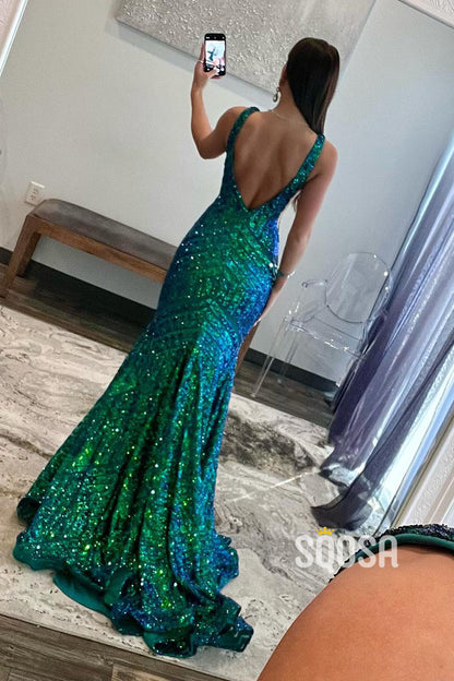 Trumpet/Mermaid V-Neck Sequins Green Long Formal Evening Gowns QP2421