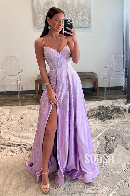 A-Line Spaghetti Straps Beaded Lilac Satin Long Prom Evening Dress QP2448