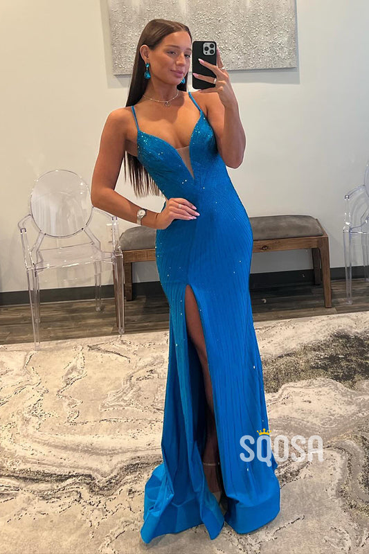 Sheath V-Neck Straps Beaded Blue Long Prom Dress With Slit Evening Gowns QP3186