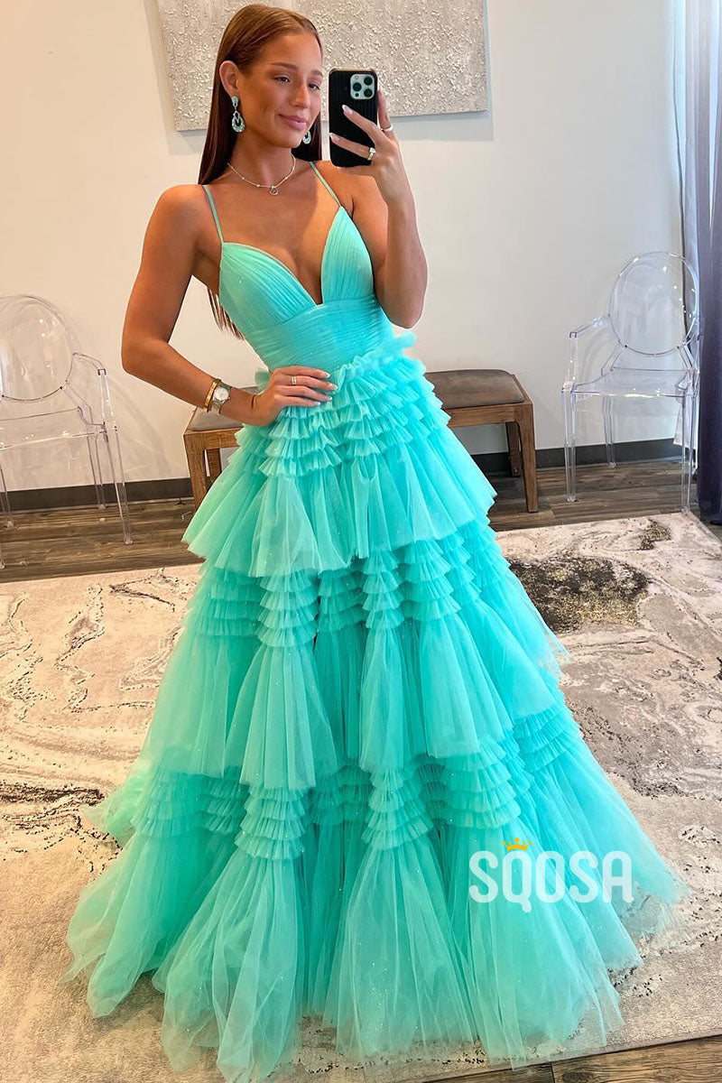 Glitter A-line V-neck Spaghetti Straps Ball Gown Prom Dress Evening Gowns QP1089