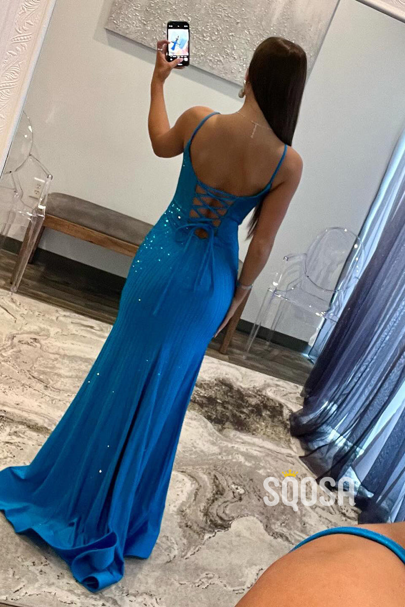 Sheath V-Neck Straps Beaded Blue Long Prom Dress With Slit Evening Gowns QP3186