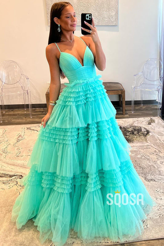 Glitter A-line V-neck Spaghetti Straps Ball Gown Prom Dress Evening Gowns QP1089