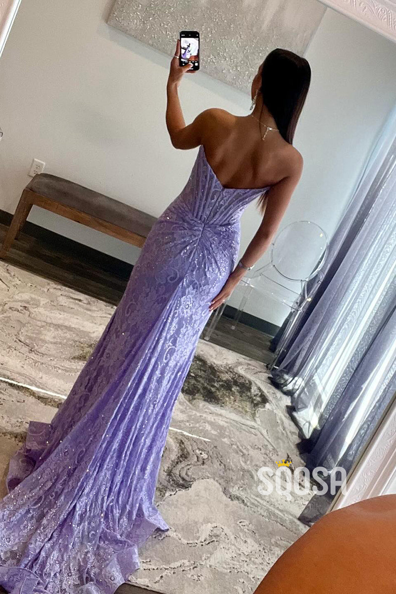 Lilac Strapless Lace Illuison Pleats Long Prom Dress With Slit Evening Gowns QP3184