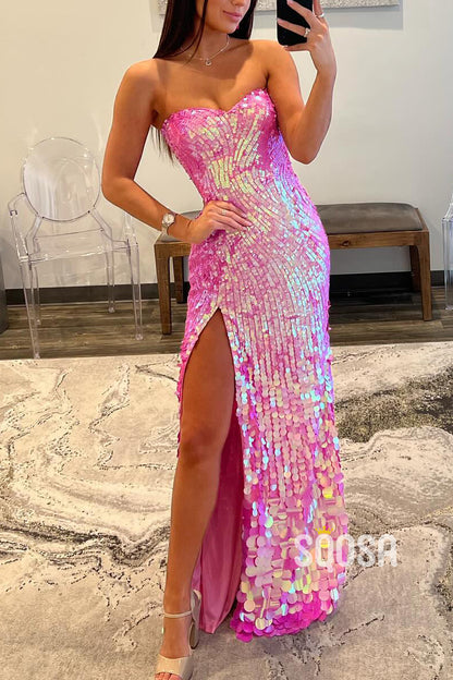 Fitted Sweetheart Strapless Fully Sequined With Side Slit Prom Dress Evening Gown QP2806