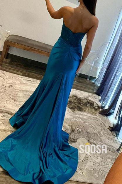 Satin A-Line Sweetheart Strapless Beaded Appliques With Side Slit Prom Dress Evening Gown QP2803