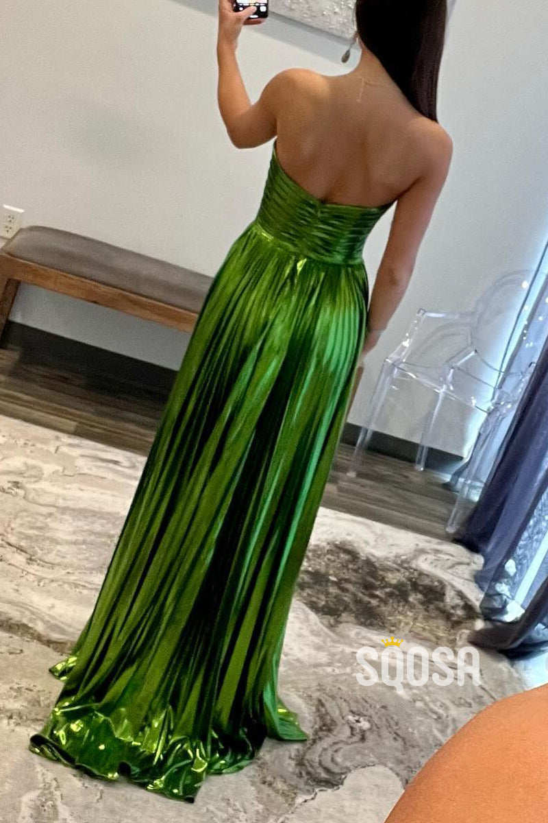 A-Line Strapless Empire Pleats Long Prom Party Dress With Slit QP2802
