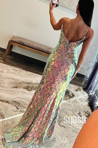 Sparkly V-Neck Spaghetti Straps With Side Slit Party Prom Evening Dress  QP3304