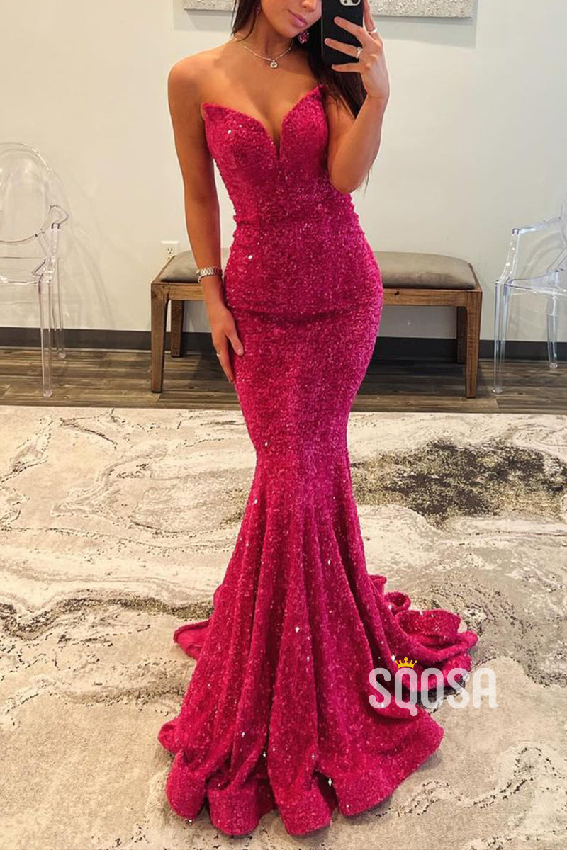 Sexy Fully Sequined V-Neck Strapless Trumpet Party Prom Evening Dress  QP3303