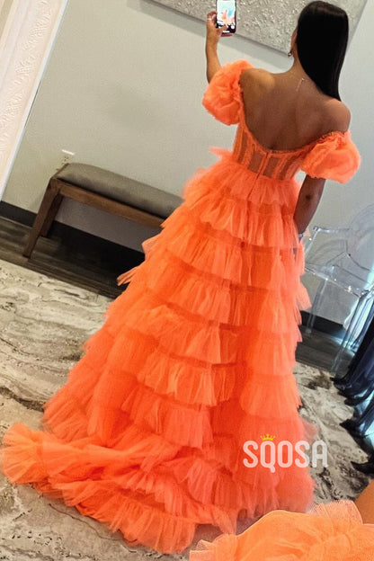 Off-Shoulder Tulle A-Line Tiered With Side Slit Party Prom Evening Dress  QP3305