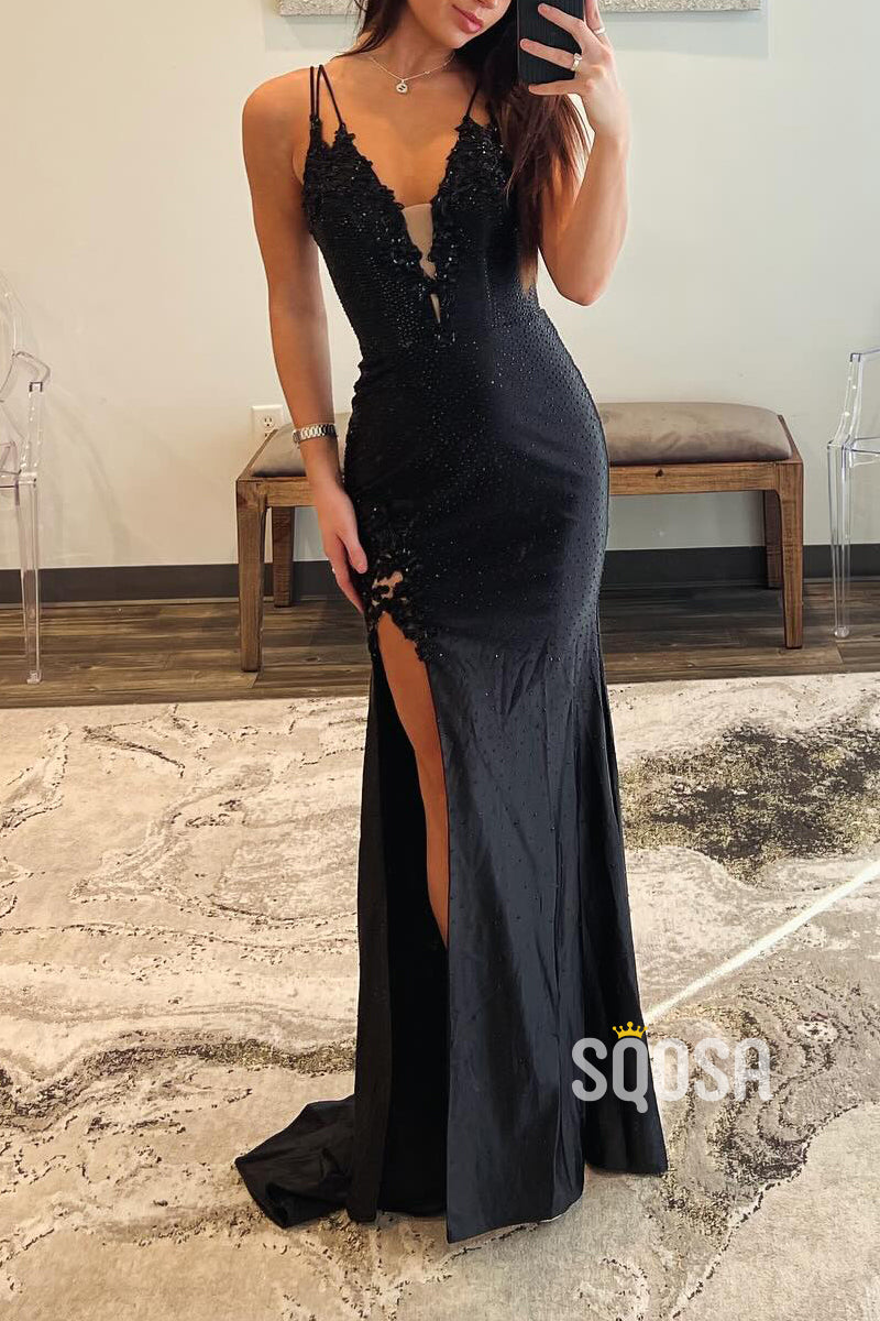 Satin Fitted V-Neck Spaghetti Straps Appliques With Side Slit Party Prom Evening Dress QP3312