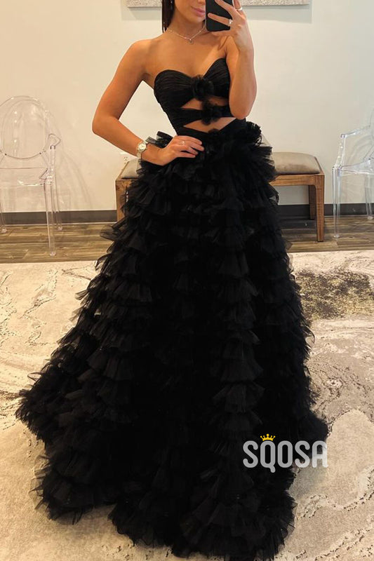 Sweetheart Strapless A-Line Illusion Tiered With Side Slit Party Prom Evening Dress  QP3309