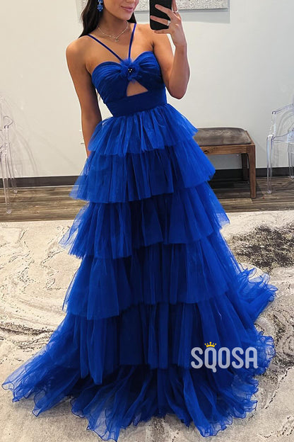 Tulle A-Line Halter Empire Tiered With Train Party Prom Evening Dress QP3311