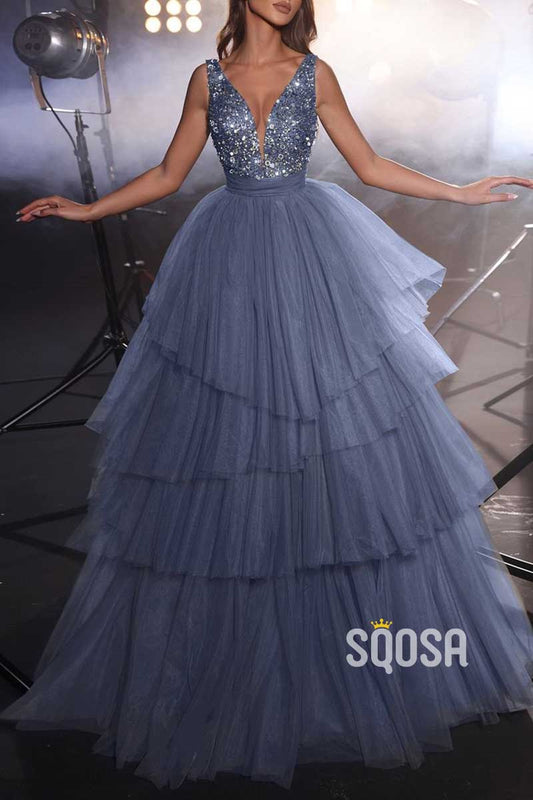Tulle A-Line V-Neck Sequined Tiered Formal Prom Dress QP3495