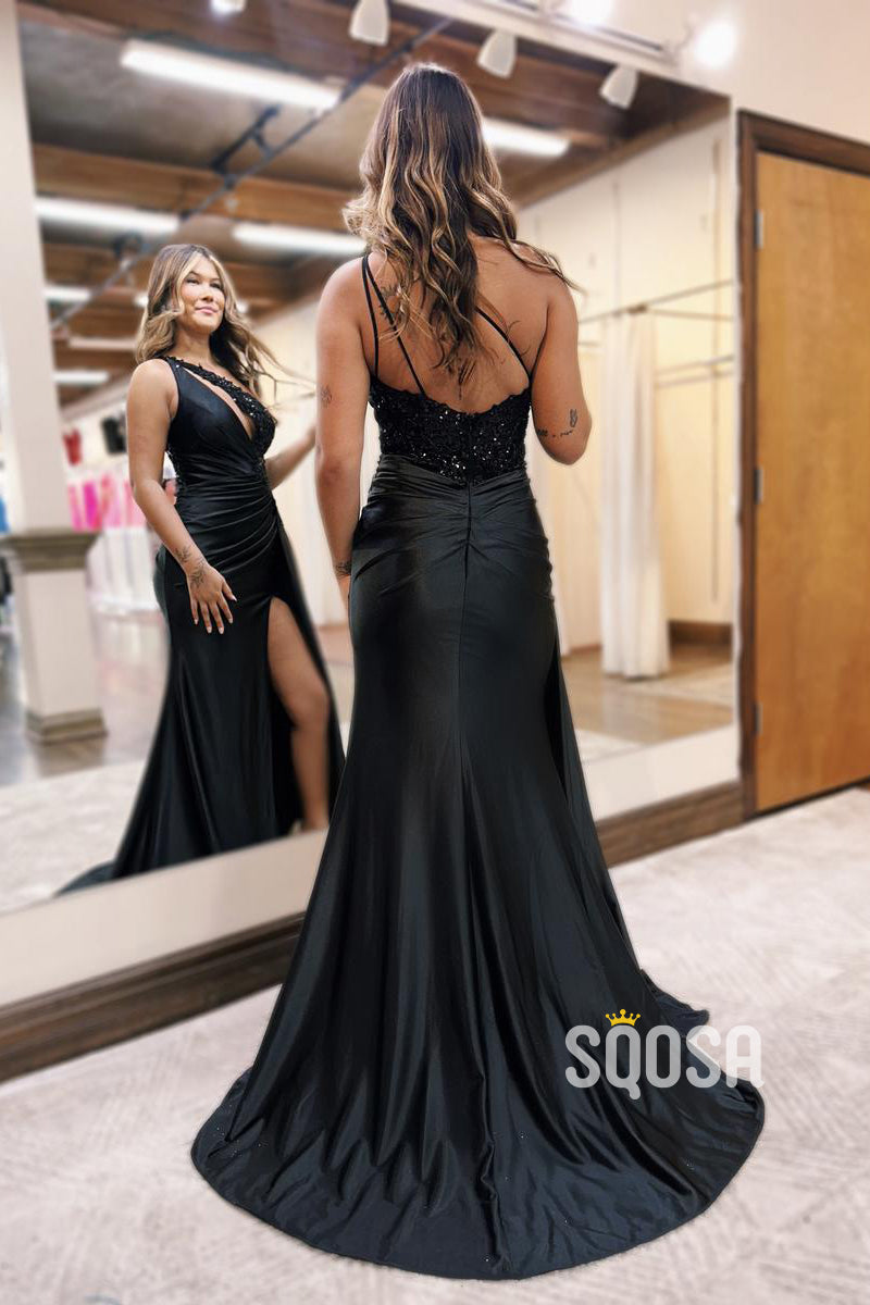 Black Beaded One Shoulde Satin Pleats Long Prom Dress With Slit Evening Gown QP3156