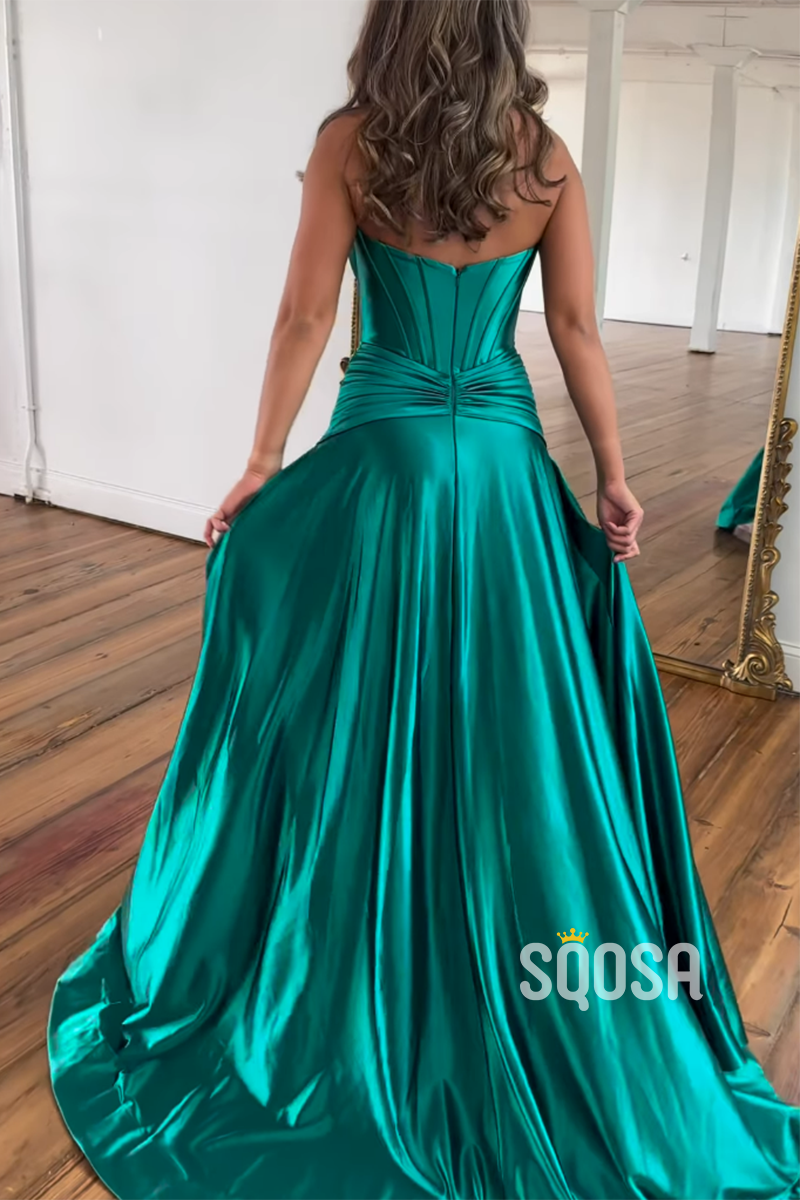 2024 A-Line Strapless Pleats Satin High Split Long Prom Dress Evening Gowns QP0989