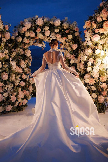 A-Line Applique Illusion Satin High Neck Waist Wedding Dress Bridal Gown QW8020