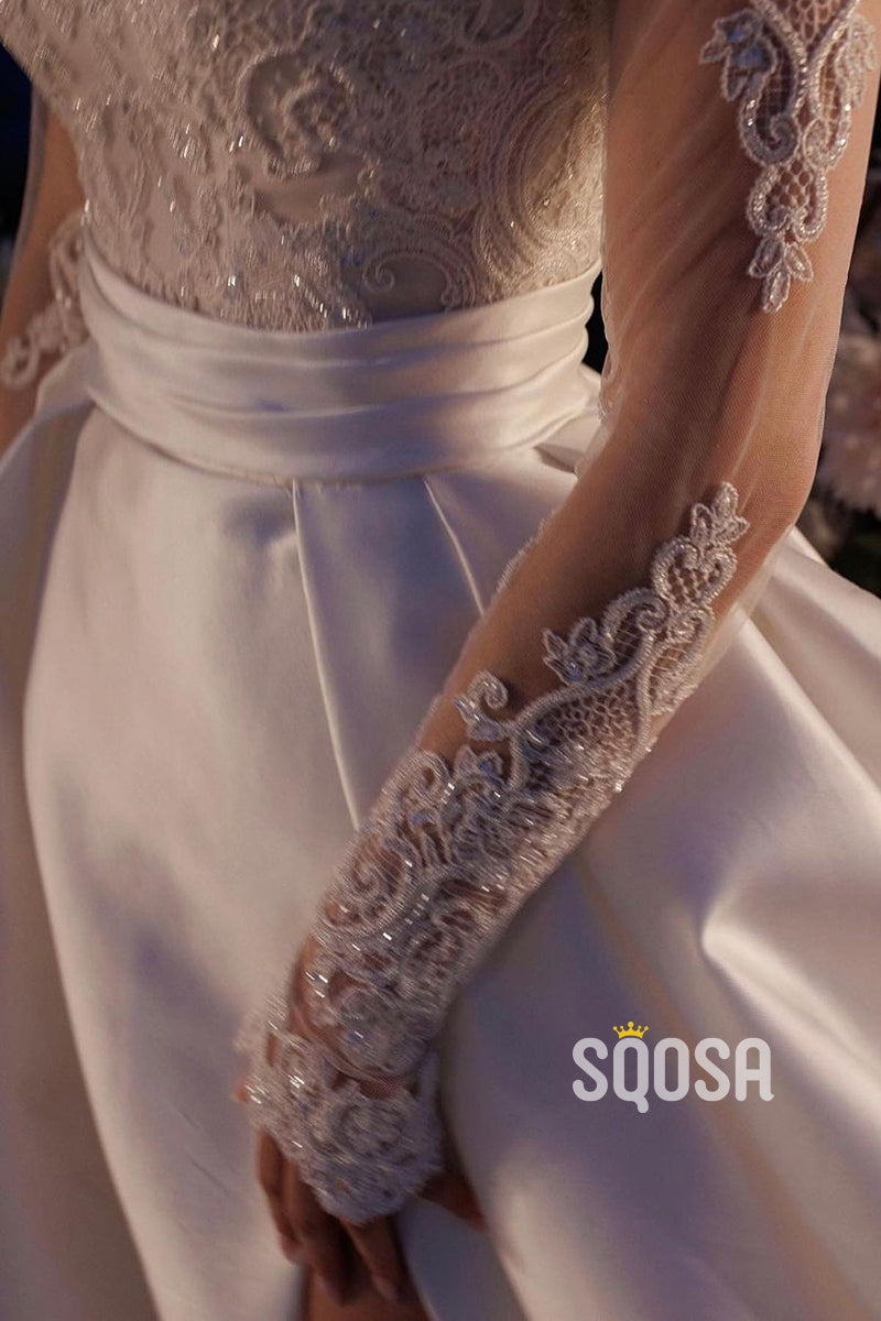 A-Line Applique Illusion Satin High Neck Waist Wedding Dress Bridal Gown QW8020